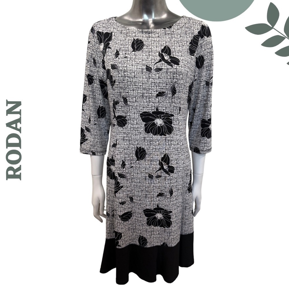 Rodan Black & White Floral Midi Dress – Size Medium – Made in Canada